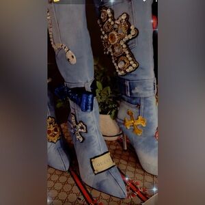 Inspired Denim Embellished Heeled Boots